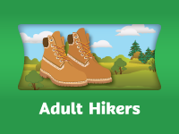 Image of adult hiking boots in outdoor setting with link to Beanstack site for registering adult hikes.